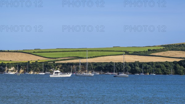 Boats on sea over Knoll Beach Studland, Poole, Dorset, England, United Kingdom
