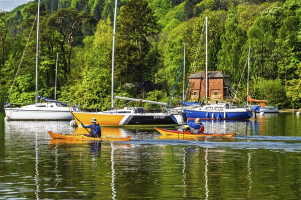 Kayaks and Boats on Windermere Lake, Fell Foot Park, Lake District, Cumbria, England, United Kingdom