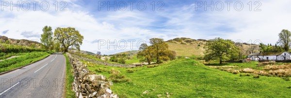 Panorama of Farms, Ullswater Lake, Lake District National Park, Cumbria, England, United Kingdom