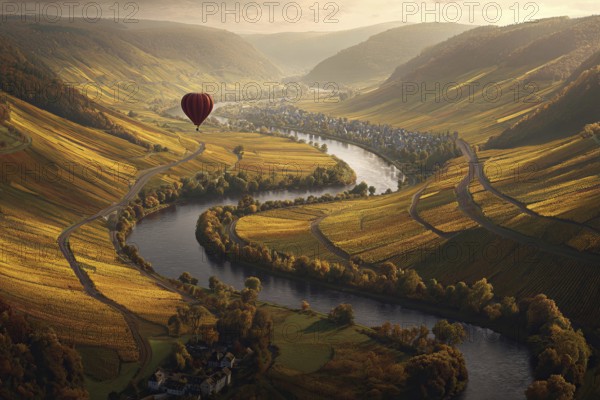 Hot air balloon, over a golden Moselle bend on a sunny autumn day, colourful vineyards along the course of the river, wide view into the valley with small villages on the banks, Rhineland-Palatinate, Germany, AI-generated, AI generated