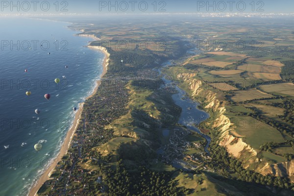 Many hot air balloons over the coast, numerous colourful balloons along a cliff at sunrise, flanked by fields and a river, South England, Great Britain - AI-generated, AI generated