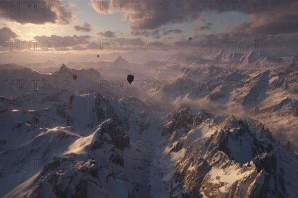 Hot air balloon, with low sun over snow-covered peaks of the Alps, golden light atmosphere, fog in the valleys, wintry mountain landscape with wide view, Italian Alps, Italy, AI-generated, AI generated