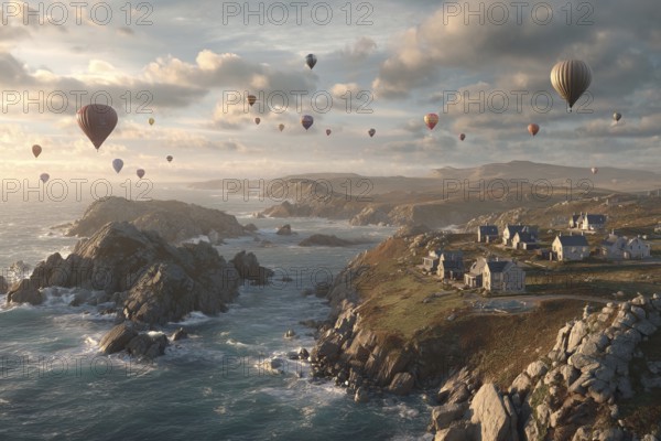 Hot air balloon, in wind and dramatic sky along a rocky cliff coast, churning sea and spray visible, atmospheric scenery, South England, Cornwall, AI-generated, AI generated