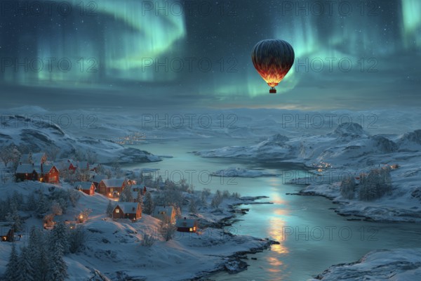 Hot air balloon under aurora borealis turquoise blue, over snowy fjord landscape with illuminated winter village and dancing northern lights, Northern Norway, Scandinavia - AI-generated, AI generated