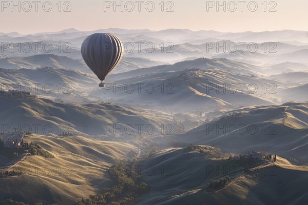 Hot air balloon, over a typical Tuscan hilly landscape, cypresses, fields and scattered farmsteads, foggy light atmosphere, Tuscany, Italy, AI-generated, AI, AI-generated, AI generated