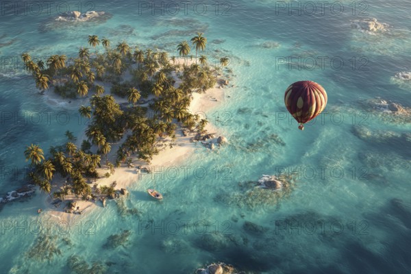 Single hot air balloon, over turquoise water and coral reefs, tropical islands and palm trees in the background, bright midday mood with clear view, Maldives, Indian Ocean, AI-generated, AI generated