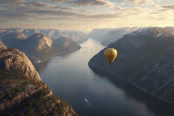 Hot air balloon, at sunrise over a calm fjord with reflecting water surface, snowy mountain ranges in the background, light wafts of mist drift through the valley, Norway, AI-generated, AI generated