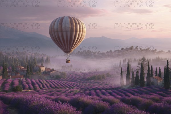 Hot air balloon, early morning over a purple blooming lavender field in rolling hills, light ground fog lies over the landscape, in the background Mediterranean vegetation and scattered trees, Provence, France, AI-generated, AI generated