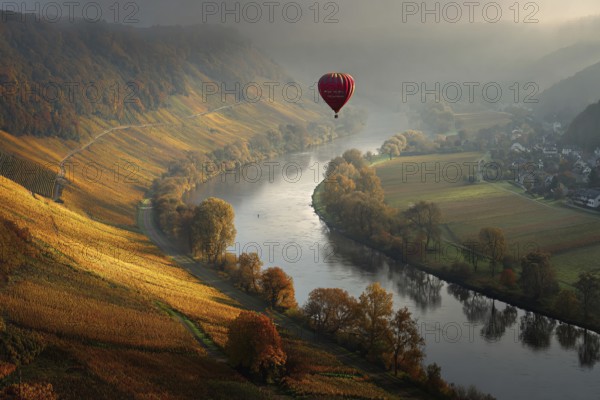 Hot air balloon, over a golden Moselle bend on a sunny autumn day, colourful vineyards along the river, wide view into the valley with a small village on the banks, Rhineland-Palatinate, Germany, AI-generated, AI generated