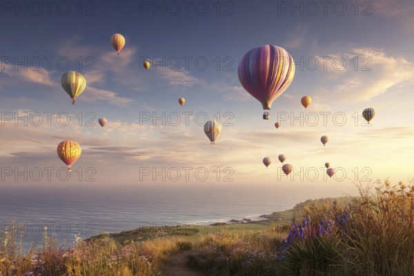 Several hot-air balloons, in pastel colours in calm weather over a rugged coastline with rough rocks and wide expanses of water, soft lighting mood at dusk, Cornwall, Great Britain, AI-generated, AI generated