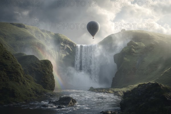 Hot air balloon, at sunrise over a moss-covered waterfall, fine spray rises, rocks and green vegetation in the foreground, cascades fall into several pools, Iceland, AI-generated, AI generated