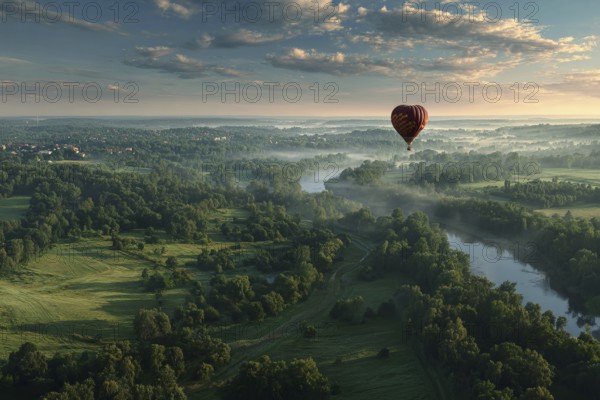 Hot air balloon, hovering over misty forests in soft morning light, view into the valley with river course, Black Forest, Germany, AI-generated, AI generated