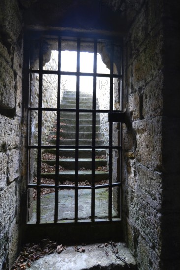 A medieval dungeon in France features thick stone walls and a barred window revealing illuminated stone steps. Leaves cover the floor, enhancing the haunting atmosphere