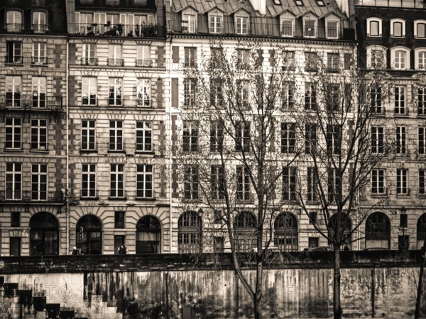 Rows of vintage buildings line the riverbank in Paris, showcasing intricate designs and tall windows. Leafless trees create a nostalgic atmosphere on an overcast day in the European city. France