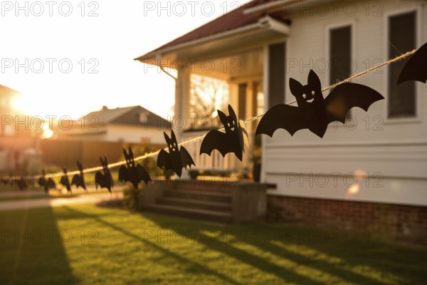 Halloween garland with black paper bats hanging on house facade. Festive outdoor decoration for spooky season. Generative ai, AI generated
