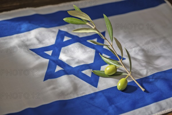 Olive branch placed on Israeli flag. Symbol of peace, diplomacy, and hope for resolution in Israel. Generative Ai, AI generated