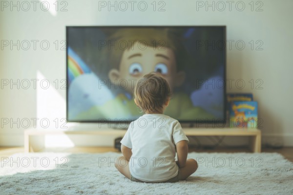 Rear view of young child watching cartoon on blurry modern TV screen. Illustrates early screen exposure and media habits in childhood. Generative ai, AI generated