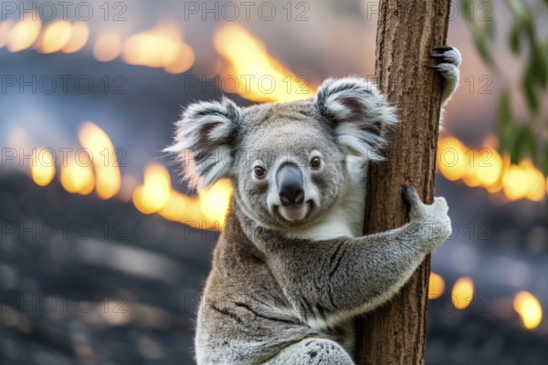 Koala bear clinging to tree with burning forest fire in blurry background. Wildlife endangered by forest fires and environmental crisis. Generative AI, AI generated
