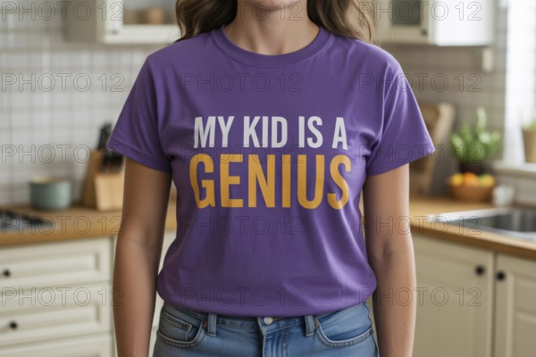 Proud mother wearing purple My Kid is a Genius t-shirt in home kitchen. Commentary on modern parenting pride and overvaluing children's achievements. Generative ai, AI generated