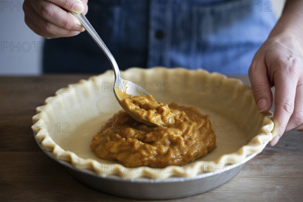 Woman filling homemade pumpkin pie crust with spoon in cozy kitchen scene. Generative AI, AI generated