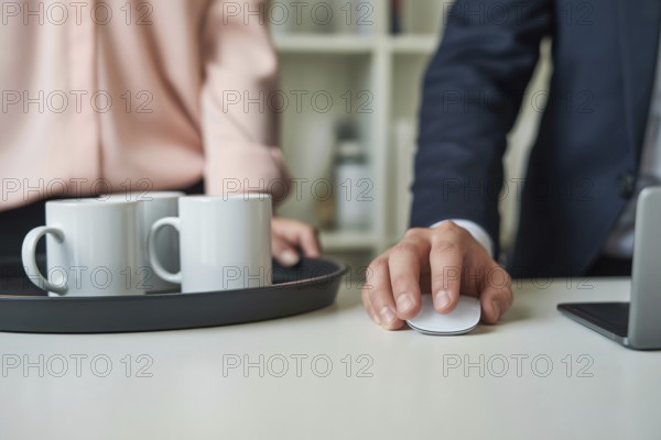 Close up of a woman's hand in pastel pink blouse holding a tray with white coffee mugs next to a man's hand on a large wireless mouse. Gender roles in the office. Generative ai, AI generated