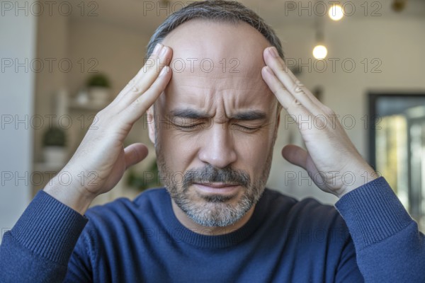 Close up of man touching forehead in pain. Concept of headache or migraine discomfort. Generative AI, AI generated