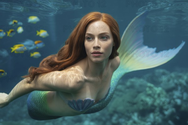 Beautiful red haired mermaid swimming underwater with tropical fish in blue ocean. Generative ai, AI generated