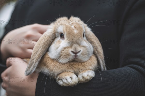 Person holding lop-eared pet bunny in arms. Symbol of gentle pet companionship and animal care. Generative ai, AI generated