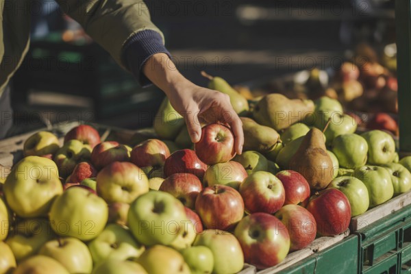 Hand reaching for fresh apples among pears at a farmers market. Concept for seasonal fruit choice and supporting local producers. Generative ai, AI generated