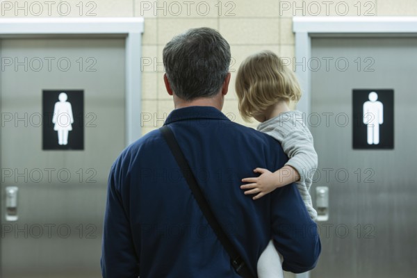Back view of father with young daughter in front of men's and women's restroom doors. Concept of gendered public toilet challenges for parents. Generative ai, AI generated