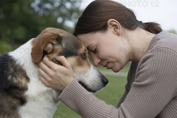 Woman holding dog with foreheads touching. Tender moment of emotional connection between human and animal. Generative ai, AI generated