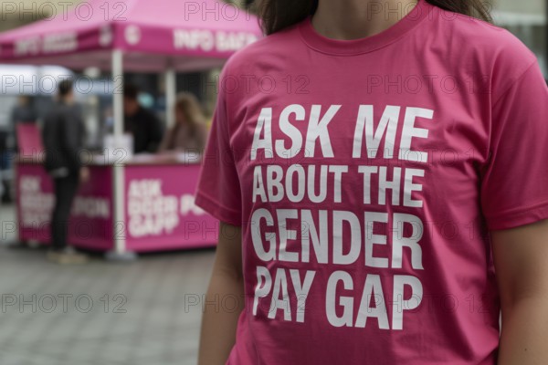 Woman in pink shirt with gender pay gap message at street info booth. Public advocacy for economic gender equality. Generative ai, AI generated