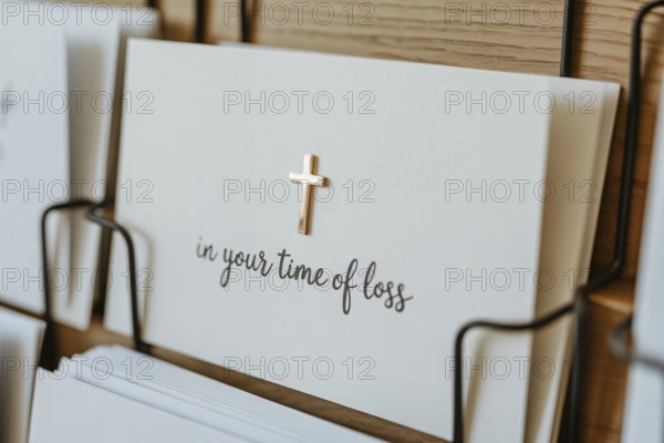 Clos eup of condolence card with In your time of loss text and religious cross displayed in a card rack at a shop. Generative ai, AI generated