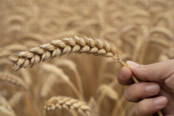 Close up of hand holding wheat grain in front of golden wheat field at harvest time. Generative ai, AI generated