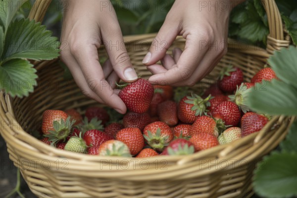 Hands placing fresh strawberries into a basket. Concept for harvest, organic farming, and healthy eating. Generative ai, AI generated