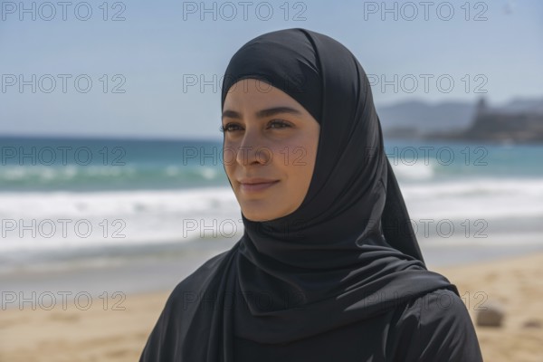 Close up of woman in black hijab at sunny beach. Generative ai, AI generated