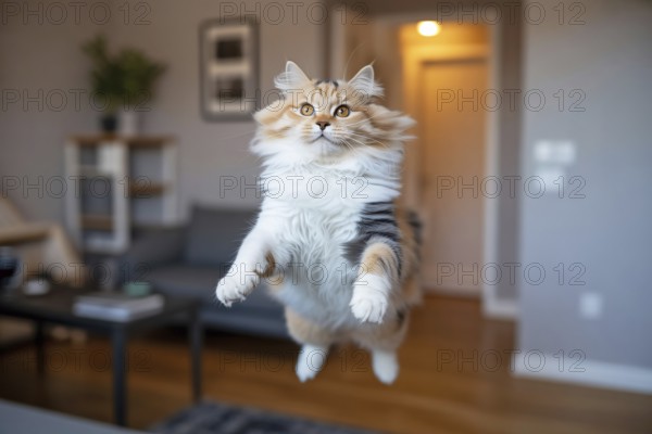 Fluffy cat mid-air jumping straight toward camera in living room. Concept of playful energy and agility. Generative ai, AI generated
