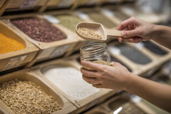 Woman's hands filling small glass jar with grains using wooden scoop at bulk store. Concept of zero-waste and sustainable shopping. Generative Ai, AI generated