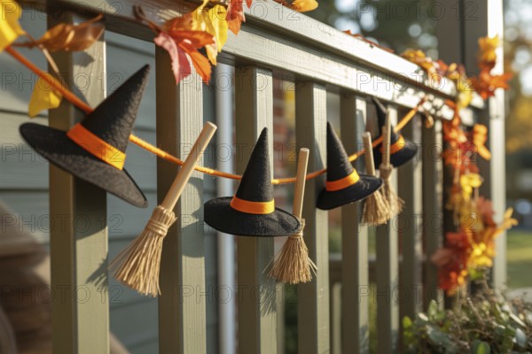 Cute Halloween garland with tiny felt witches' hats and broomsticks on wooden porch railing decorated with autumn leaves. Generative AI, AI generated