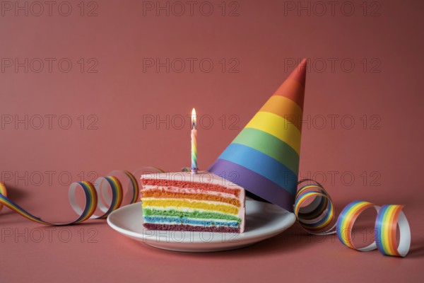 Slice of rainbow birthday cake with party hat and streamers on bright red background. Generative ai, AI generated