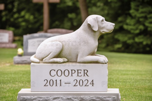 Gravestone with dog stone sculpture in a cemetery. Memorial for a beloved pet and pet loss remembrance. Generative ai, AI generated