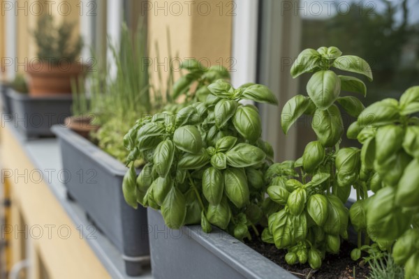Fresh basil growing in pots on an outside windowsill. Homegrown herbs thriving in natural ligh. Generative ai, AI generated