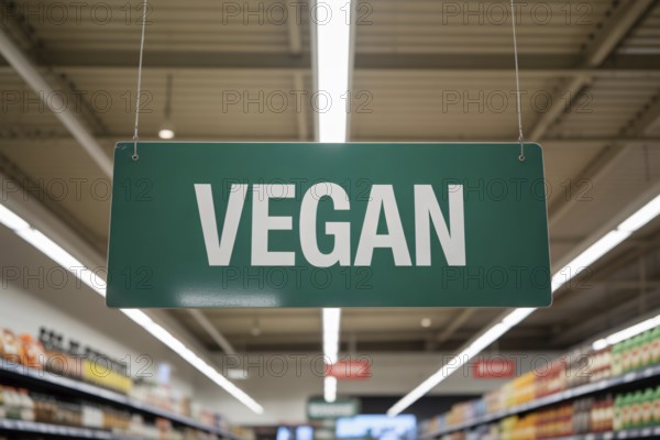 Supermarket aisle with bold green Vegan sign hanging from ceiling promoting plant-based options. Generative ai, AI generated