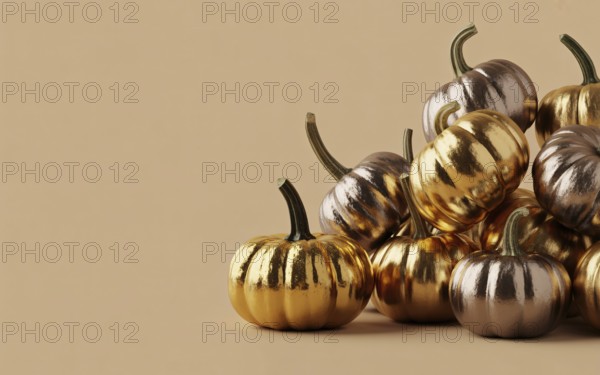 Metallic golden and copper pumpkins arranged on side of yellow background with copy space. Festive autumn harvest decoration. Generative ai, AI generated