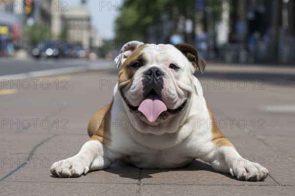English bulldog lying on pedestrian walk, panting heavily in summer heat. Concept of overheating and heat risks for brachycephalic breeds. Generative ai, AI generated