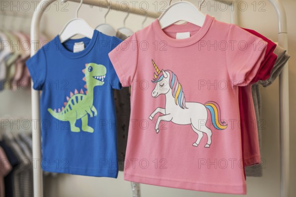 Blue children's shirt with dinosaur and pink children's shirt with unicorn, illustrating gender stereotypes through iconic children's motifs. Generative ai, AI generated