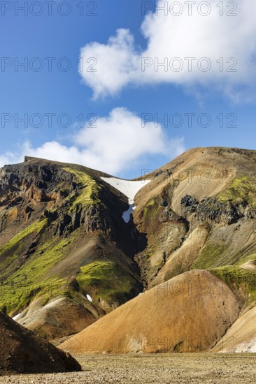 Volcanic landscape, colourful rhyolite mountains, Cumulus, Landmannalaugar, remote hiking area in Fjallabak nature reserve, Laugavegur hiking trail, Suðurland, Sudurland, Iceland