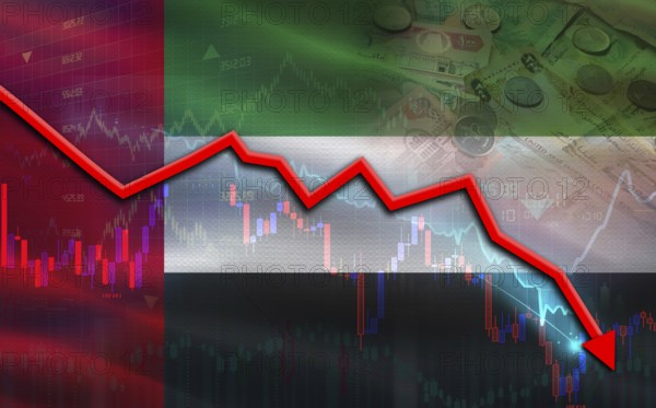 United Arab Emirates financial fall on economy market. United Arab Emirates financial crisis on economic graph