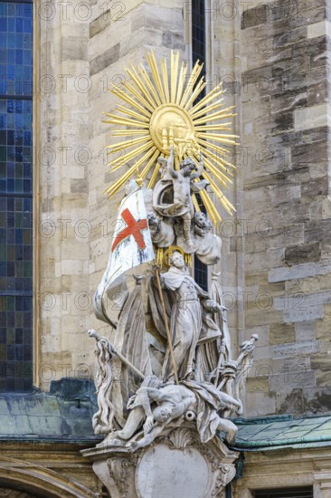 Sculpture group at the entrance to the Chapel of the Cross, also known as the Morandus, Tirna, Savoy or Liechtenstein Chapel, at the north-west corner of the nave of St Stephen's Cathedral in Vienna, Austria