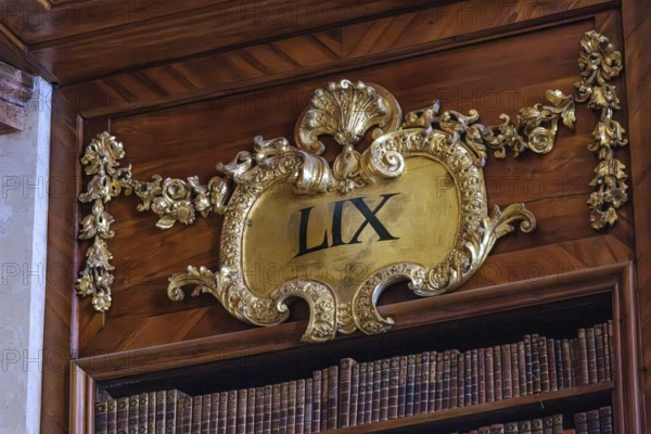 In the Baroque State Hall of the Court Library in the Austrian National Library in the Vienna Hofburg Imperial Palace, Vienna, Austria, for editorial use only